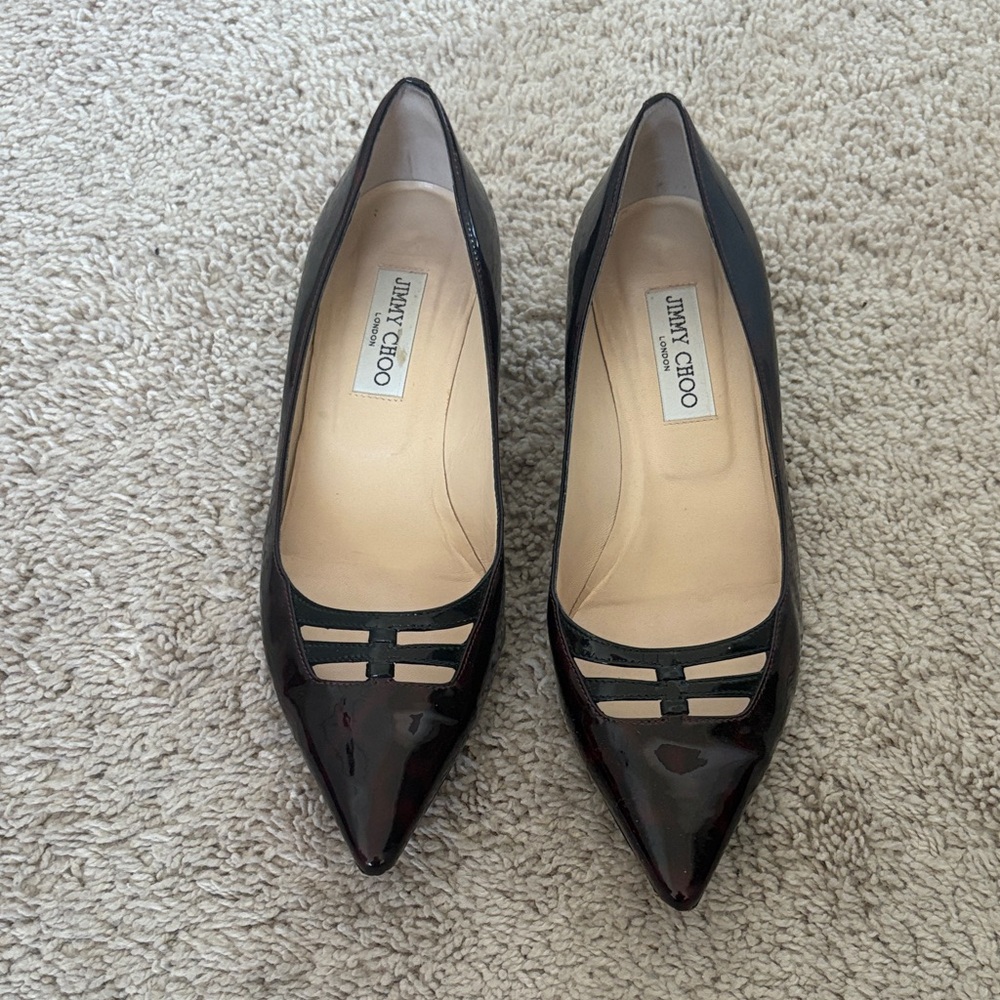 Jimmy Choo Dark Cherry Tortoiseshell  Patent Leather Kitten Heels